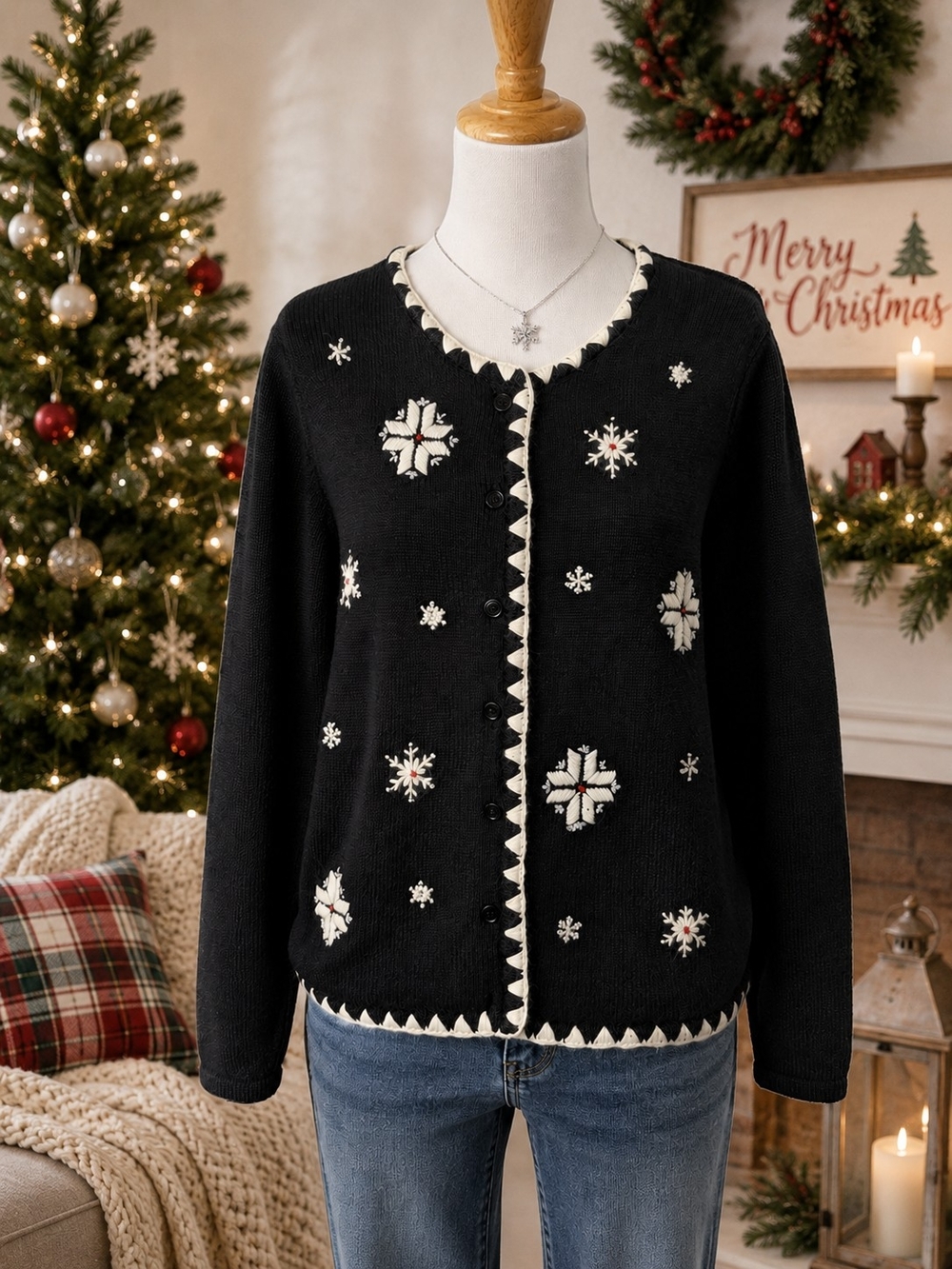 Wish For Joy Christmas Snowflake Cardigan Sweater M Gray Holiday Winter Embroide